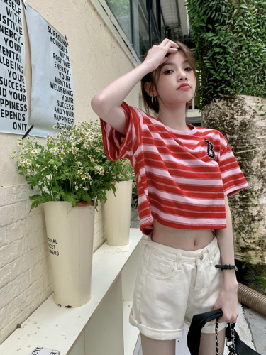 Real price real price new western style striped B letter round neck short-sleeved T-shirt women's top