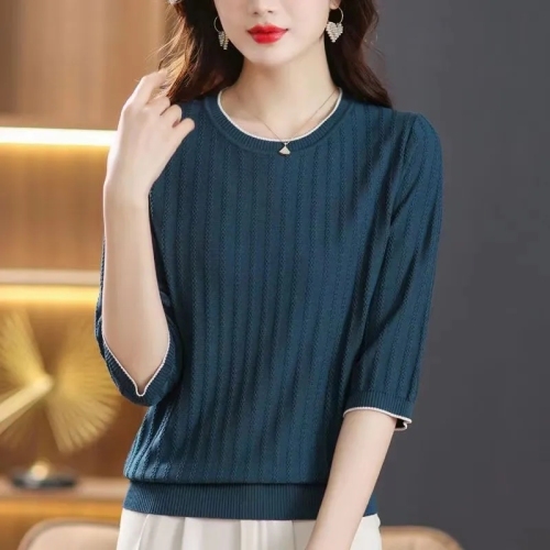  spring and summer new women's clothing ice silk mid-sleeve t-shirt thin knitwear loose foreign style small shirt three-quarter sleeve top women