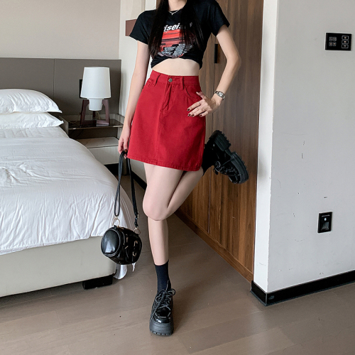 Real price~High waist denim short skirt women's  summer new a-line skirt looks thin and versatile red skirt