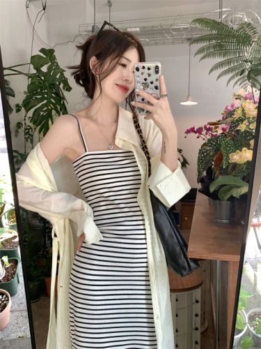 Waist slim striped suspender dress long sunscreen cardigan female summer  new Korean fashion suit