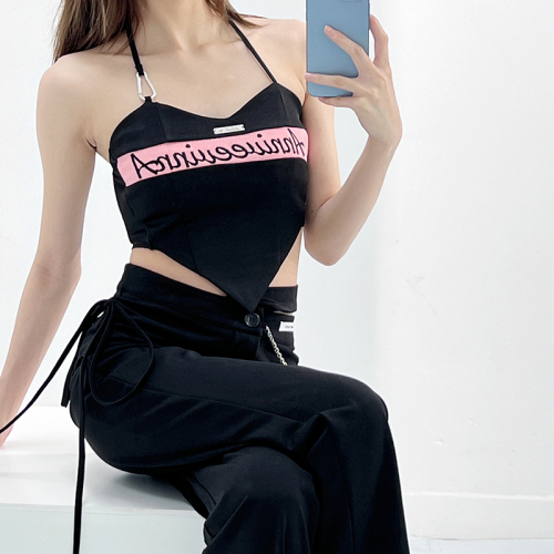 the star American style black base layer with sexy pure desire sweet and spicy letters embroidery hanging neck vest camisole female