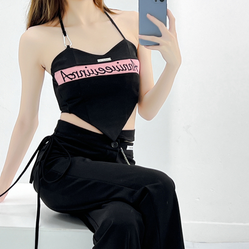 the star American style black base layer with sexy pure desire sweet and spicy letters embroidery hanging neck vest camisole female