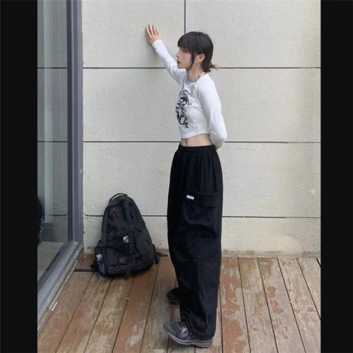 Korean version of the student all-match loose slim handsome black overalls female bf style wide-legged casual pants trendy