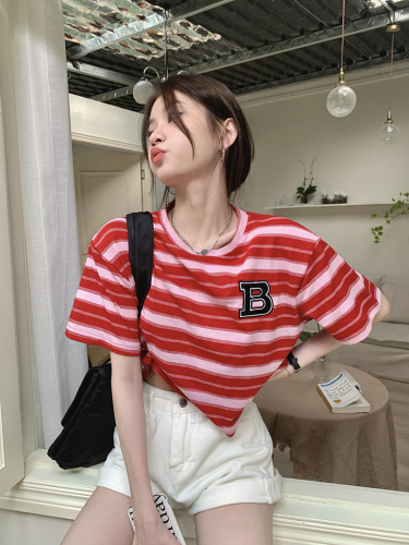 Real price real price new western style striped B letter round neck short-sleeved T-shirt women's top