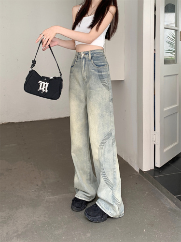 Real shot high waist wide leg jeans women's summer  new slimming all-match drape straight tube floor mopping pants spring and autumn