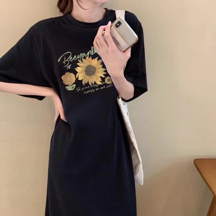 Two kinds of fabrics long knee-length T-shirt skirt women's summer loose dress pure cotton bag collar