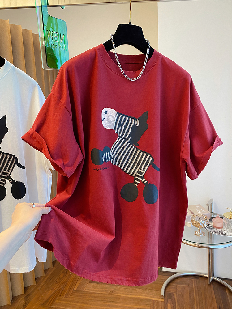2023 new loose cartoon zebra print embroidery red T-shirt women's short-sleeved foreign style age-reducing large version top summer