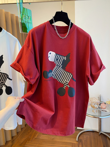 new loose cartoon zebra print embroidery red T-shirt women's short-sleeved foreign style age-reducing large version top summer