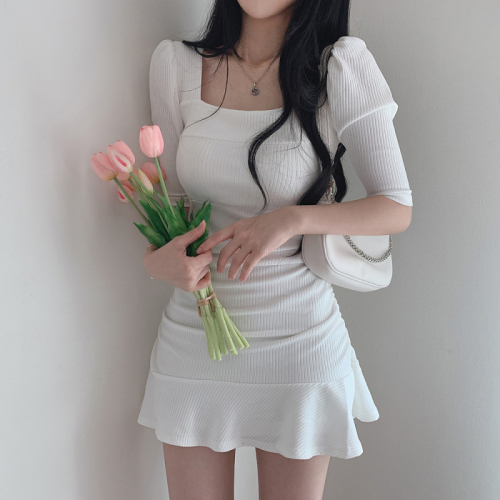 Korean chic summer sweet temperament square collar exposed clavicle slim slim puff sleeves hip short dress women