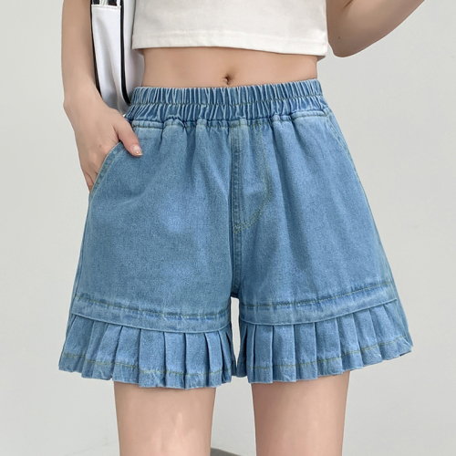 Real shot denim washed loose straight shorts  summer new all-match casual wide-leg five-point pants women's large size