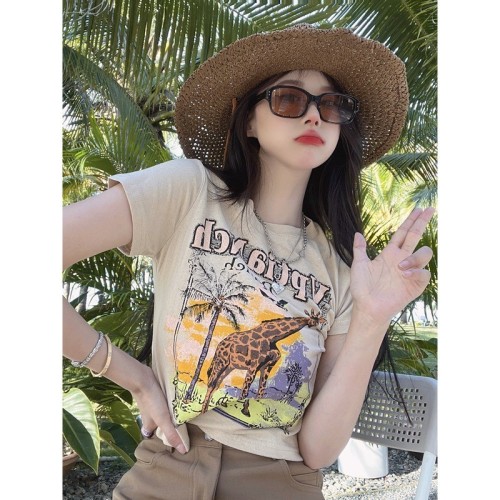Jin Liang official picture 6535 pull frame cotton American retro short-sleeved T-shirt for small women with a slim shoulder design