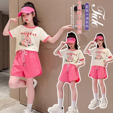 Girls' suit summer suit 2023 summer new children's foreign style cartoon short-sleeved little girl sports pants two-piece suit trendy