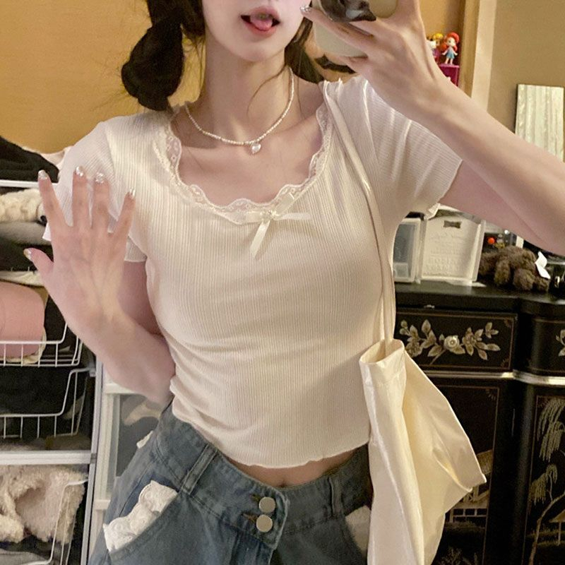 250g ice silk rib tea art pure desire lace sweet and spicy tight short-sleeved T-shirt female summer