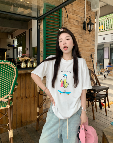 Real shot real price cartoon graffiti printing Korean style loose round neck short-sleeved T-shirt top
