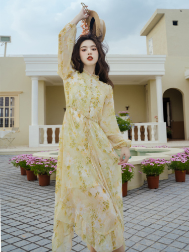 Real shot of Du Leli French temperament floral dress 2023 new spring high waist women's dress