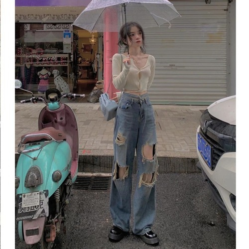 Ripped jeans women's summer new pear-shaped figure large size high waist slim straight wide pants
