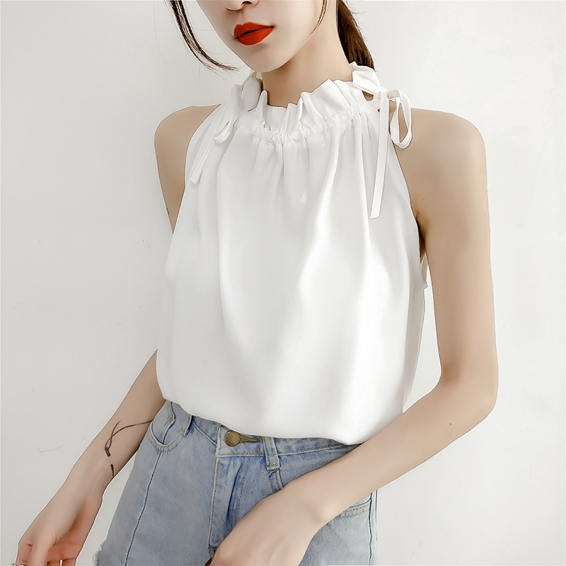real shot!  Sexy Halter Neck Camisole Women's Outerwear Summer Dress Versatile Loose Chiffon Shirt Sleeveless Top