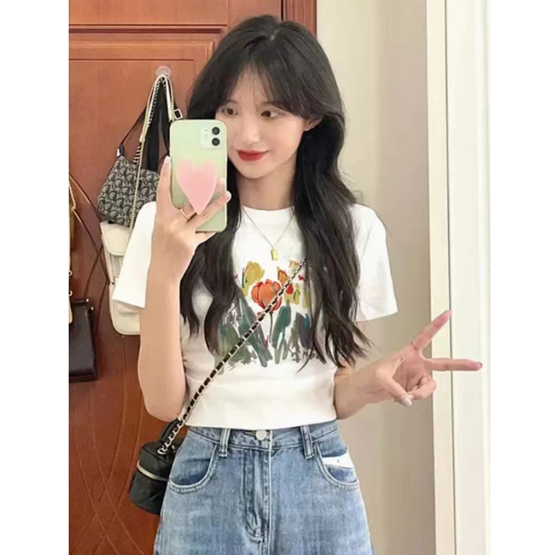 220G elastic cloth trendy brand short t-shirt summer new niche slim slim navel short-sleeved top