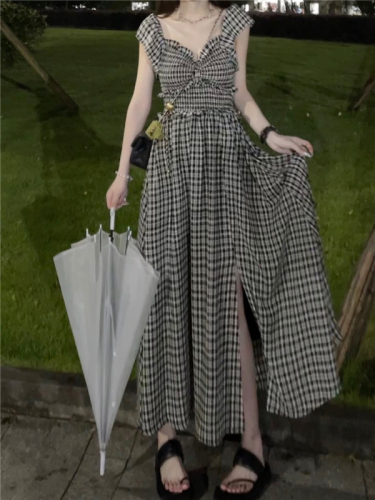 French retro one-shoulder plaid dress women's summer dress new waist slit wooden ears mid-length skirt