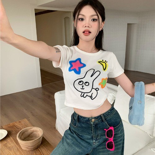 220G elastic fabric children's fun color short-sleeved T-shirt women's summer pure desire sweet and spicy thin short top