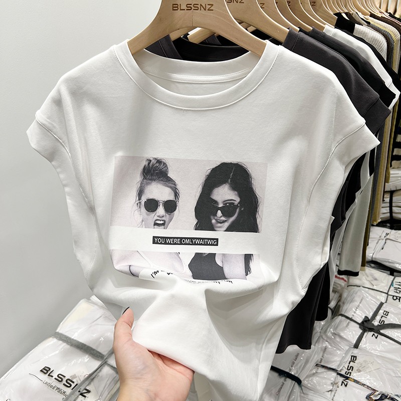 Fabric boutique cotton 2023 spring and summer small shirt loose cotton unique special chic sleeveless top short-sleeved t-shirt female