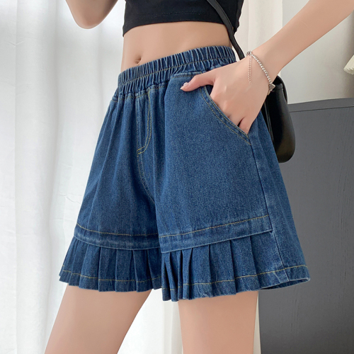Real shot denim washed loose straight shorts 2023 summer new all-match casual wide-leg five-point pants women's large size