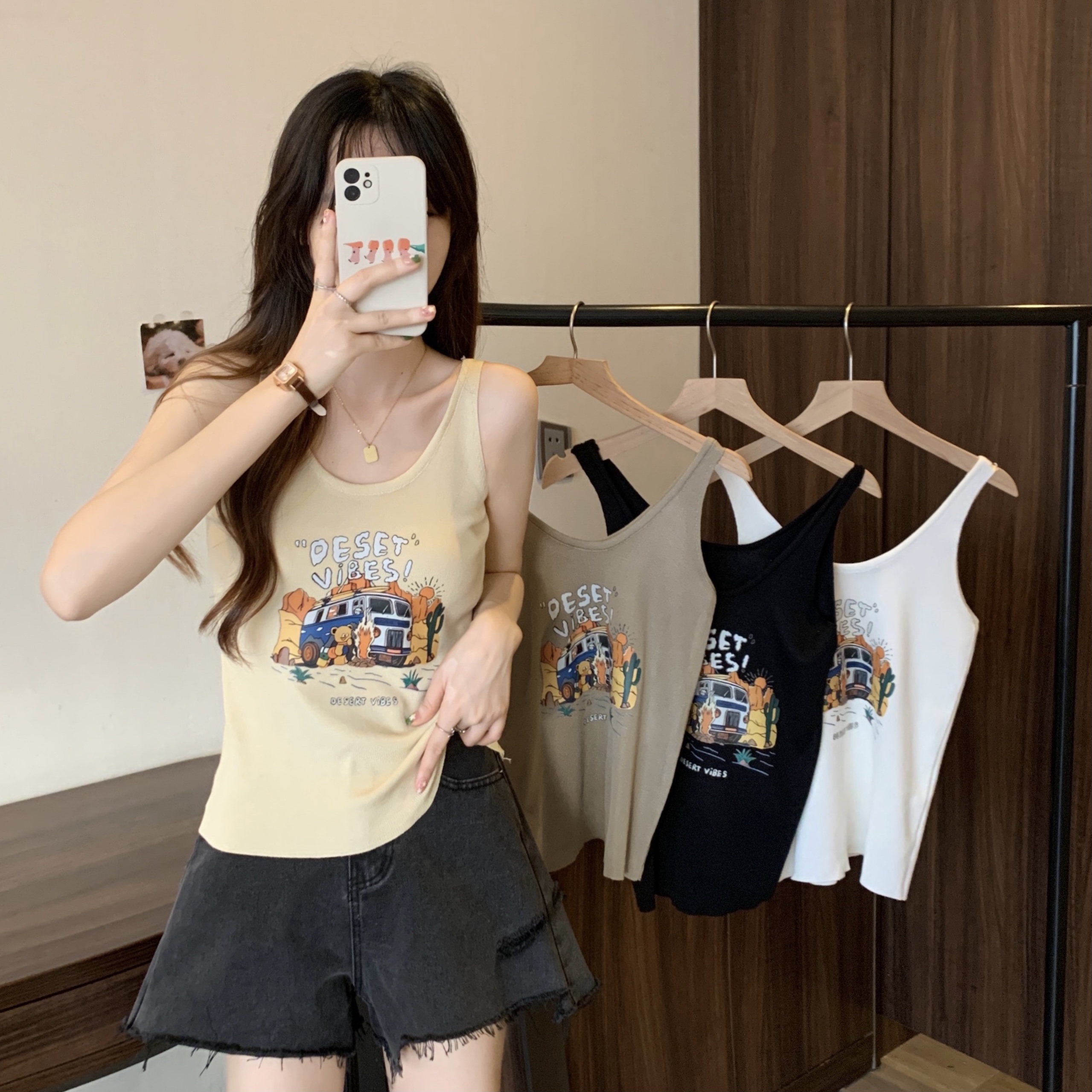 Real shot~ new design sense of sweet style letter vest strap showing thin body covering top women
