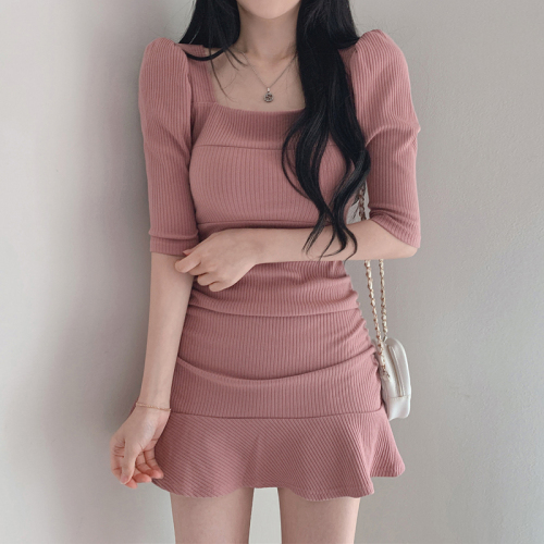 Korean chic summer sweet temperament square collar exposed clavicle slim slim puff sleeves hip short dress women