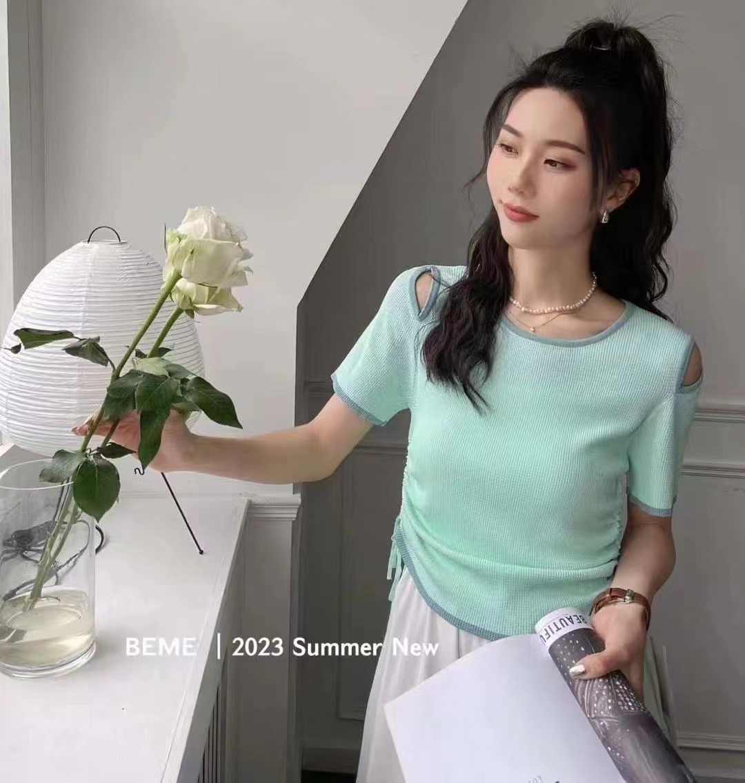 BeMe Running Style Sven Style Ice Silk Top with Contrasting Color Edge and Small Hollow Design 4 Colors