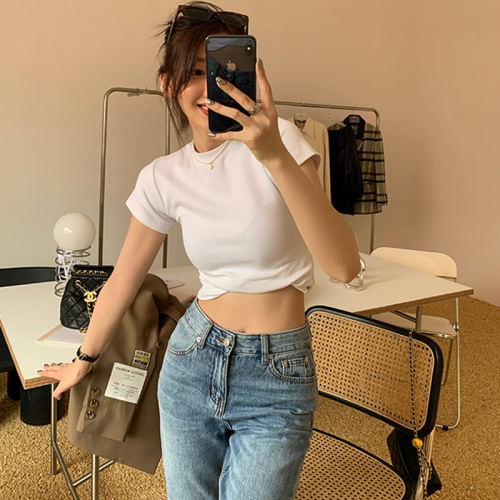 Official picture 6535 pull frame cotton American white t-shirt women's front shoulder short-sleeved European goods 2023 new look thin