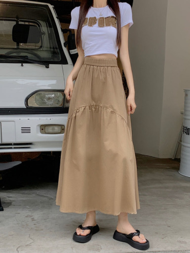 Real price ~ 2023 new Korean style fashion design pleated stitching elastic waist long skirt
