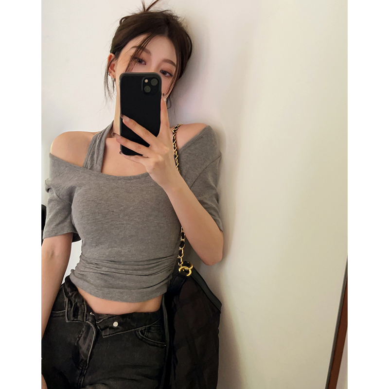 Thread fake two-piece drawstring short-sleeved t-shirt women's summer pure desire self-cultivation with chest pad bottoming shirt hanging neck top