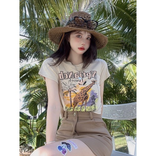 Jin Liang official picture 6535 pull frame cotton American retro short-sleeved T-shirt for small women with a slim shoulder design