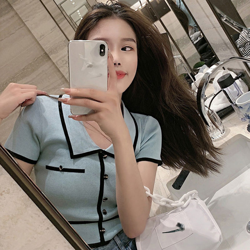 Summer ins super hot loose white ice silk short-sleeved t-shirt female design sense niche high waist short top polo shirt