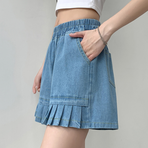 Real shot denim washed loose straight shorts  summer new all-match casual wide-leg five-point pants women's large size