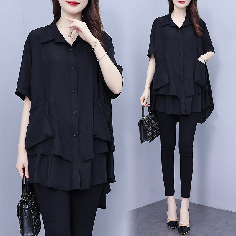 Real shot fashion foreign style double pocket black shirt women 2023 summer new casual slimming all-match POLO collar