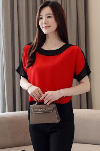 Real shot of belly-covering chiffon shirt women's summer new foreign style bat short-sleeved loose and thin bottoming top
