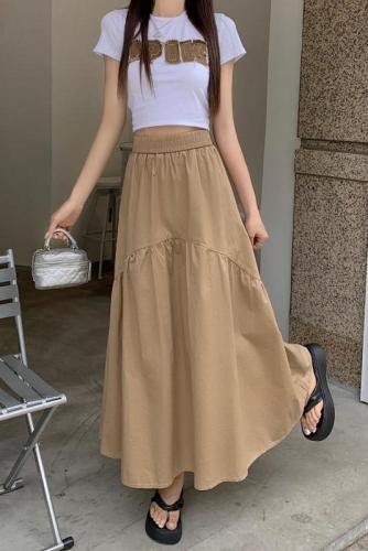 Real price ~ 2023 new Korean style fashion design pleated stitching elastic waist long skirt