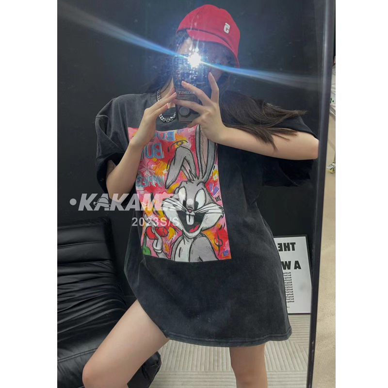 kakamee Korea 2023 spring and summer new casual all-match Korean version loose retro wash water cartoon short-sleeved T-shirt female