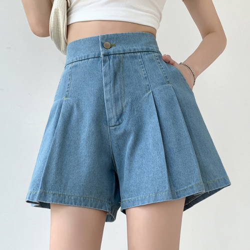 Real shot plus size women's clothing 200 catties denim wash water shorts summer a word wide leg loose tight high waist female student hot pants