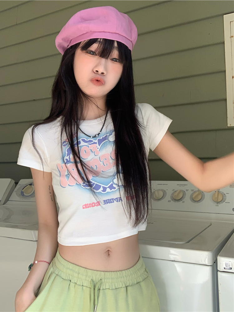 220G elastic cloth letter printing short-sleeved T-shirt women's summer pure desire wind self-cultivation slimming all-match crop top