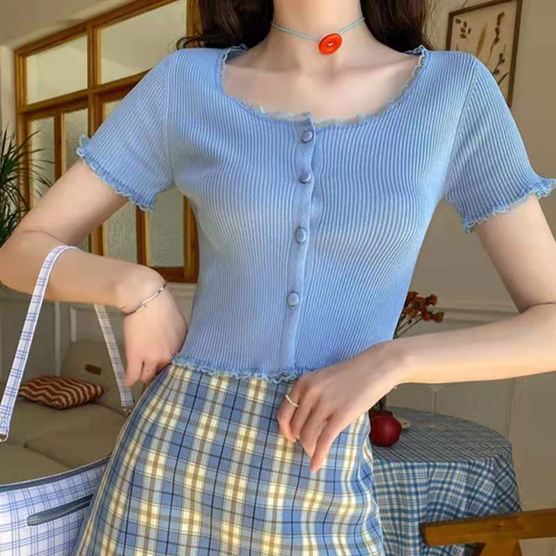 Real shot real price ~ retro ins small square collar solid color short multi-color T