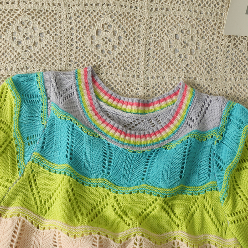 Gentle wind rainbow striped hollow knitted sweater women's summer  new design sense niche round neck short-sleeved top