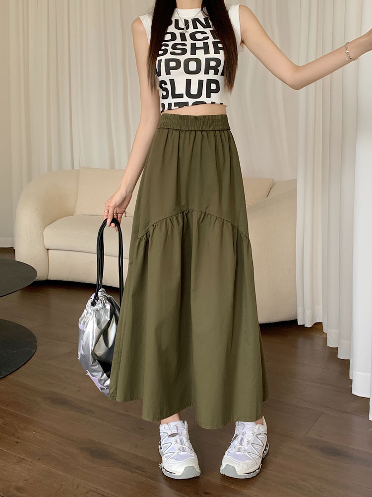 Real price ~ 2023 new Korean style fashion design pleated stitching elastic waist long skirt