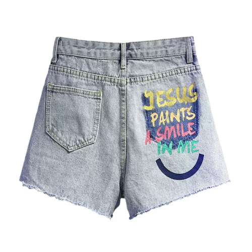 Tide brand graffiti print ripped denim shorts women's summer loose high waist thin a-line wide-leg hot pants