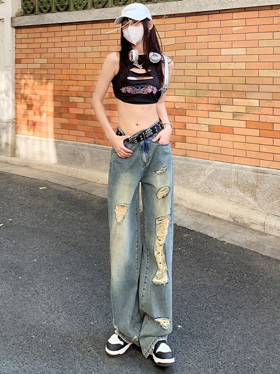 American high street vibe knee ripped jeans women's summer high waist slim hot girl design sense wide legs loose