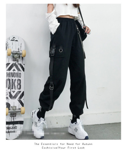 Beamed overalls women look thin high waist autumn handsome black trousers women loose straight Korean style trend send chain