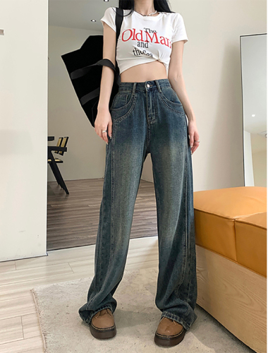 High-waisted wide-leg jeans women's summer 2023 new retro stitching design feeling thin and all-match mopping trousers