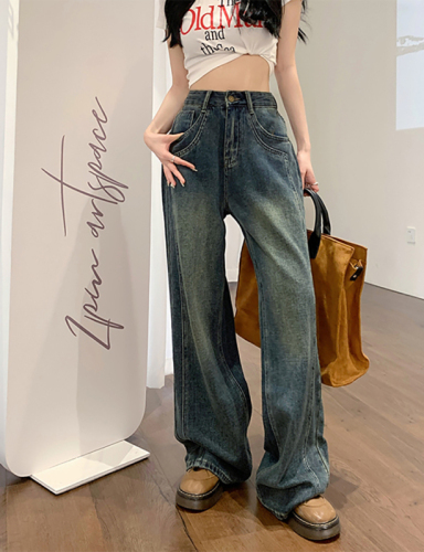 High-waisted wide-leg jeans women's summer 2023 new retro stitching design feeling thin and all-match mopping trousers