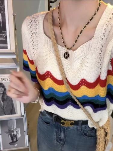 Korean version of the rainbow striped hollow silk knitted women's outerwear design sense niche hot girl French chic top